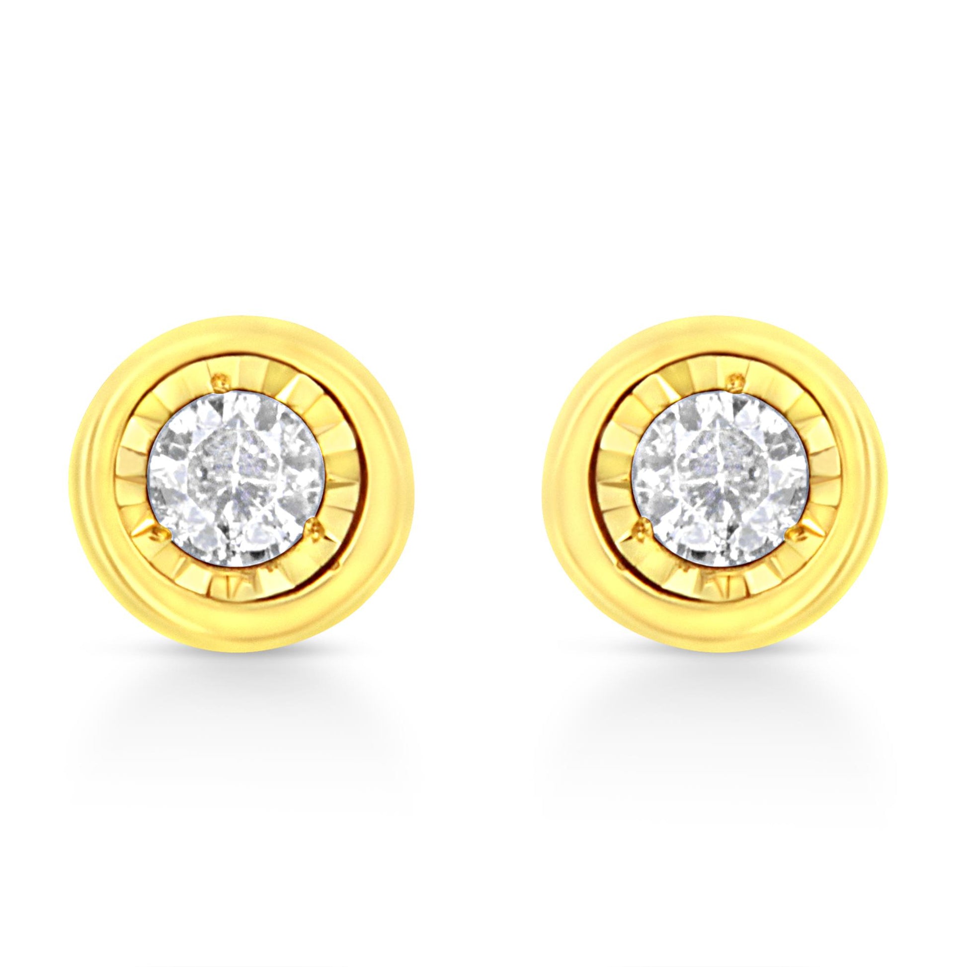 Front angle view of a pair of round yellow metal stud earrings with two brownish round gemstones in miracle settings.