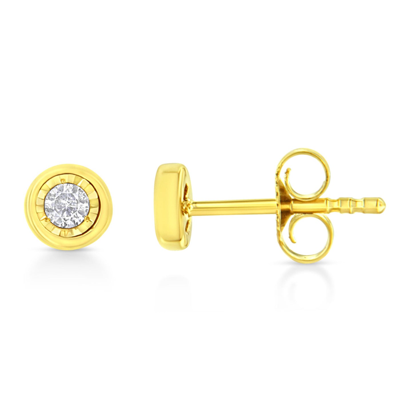 Close-up front and side view of a pair of yellow metal stud earrings with round brownish gemstones in miracle settings.