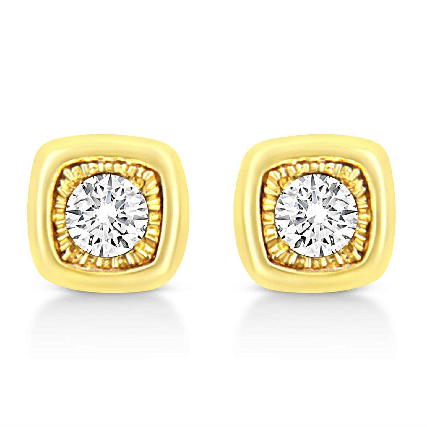 Front view of yellow metal square-shaped stud earrings with central round white gemstones in miracle setting.