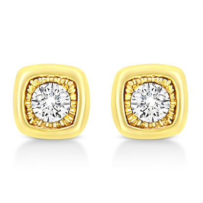 Front view of yellow metal square-shaped stud earrings with central round white gemstones in miracle setting.