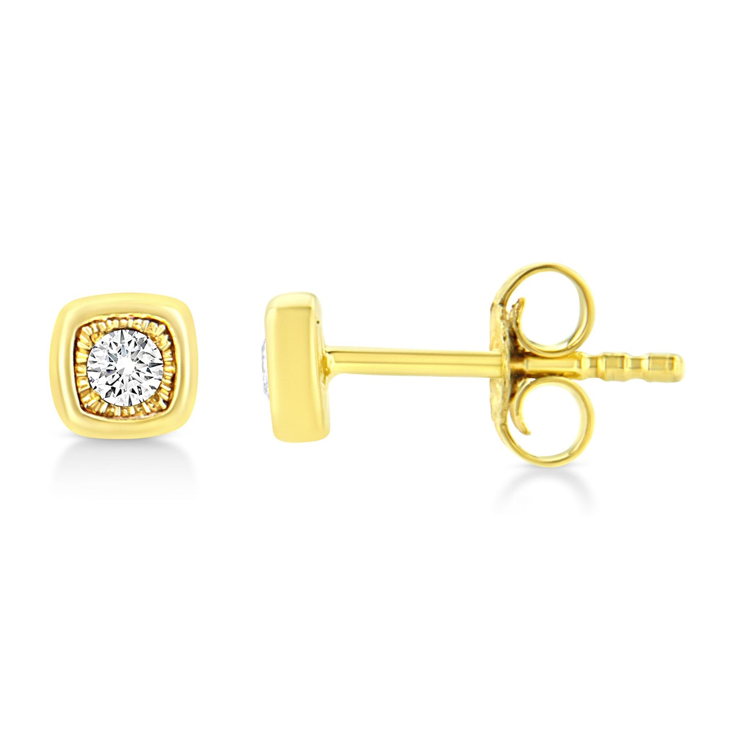 Front and side view of yellow metal stud earrings with round white gemstones in a miracle setting.