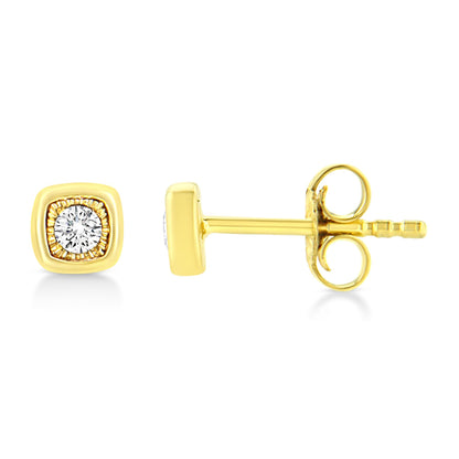 Front and side view of yellow metal stud earrings with round white gemstones in a miracle setting.