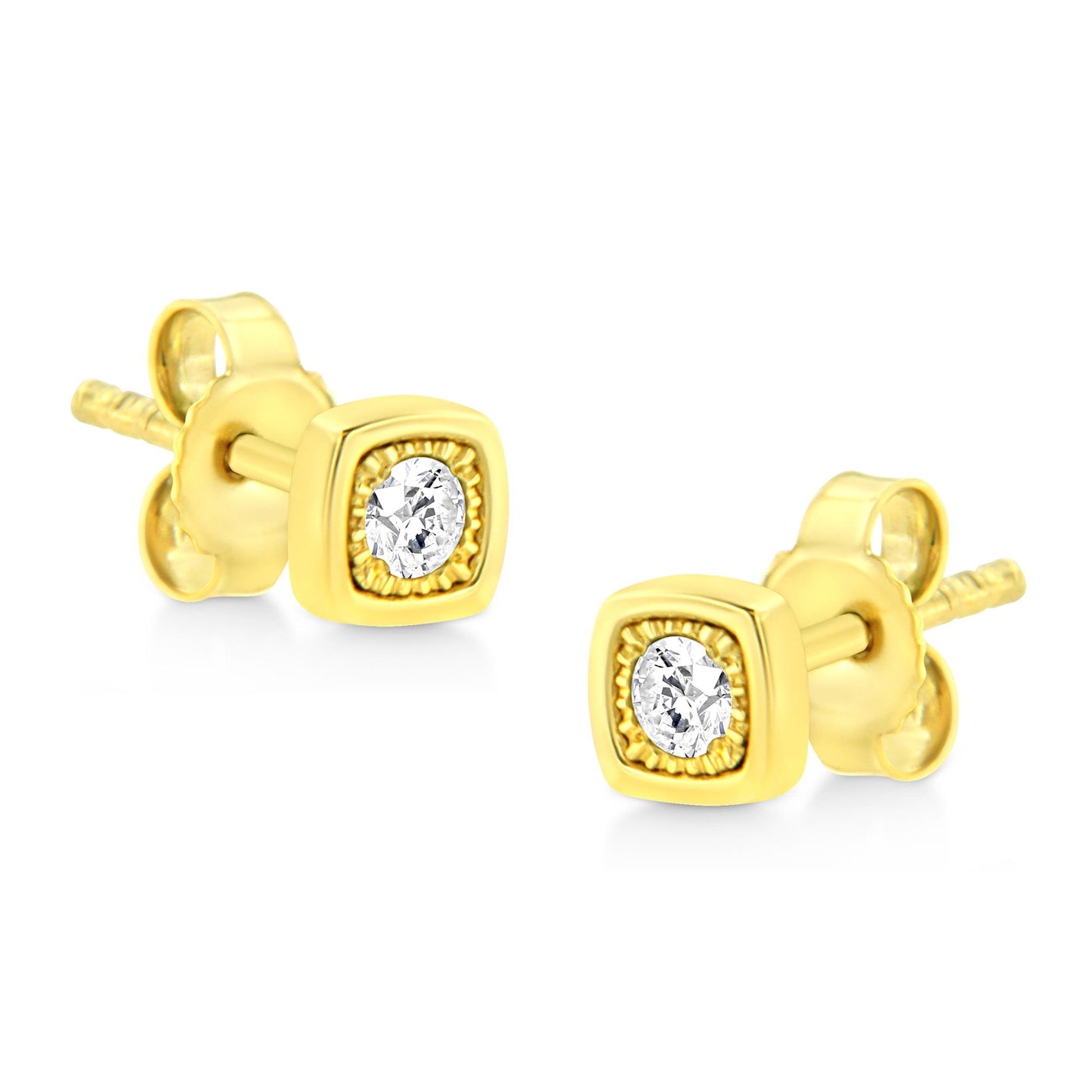 Pair of yellow metal stud earrings with square-shaped settings featuring round white gemstones in the center, shown from a slightly angled front view.