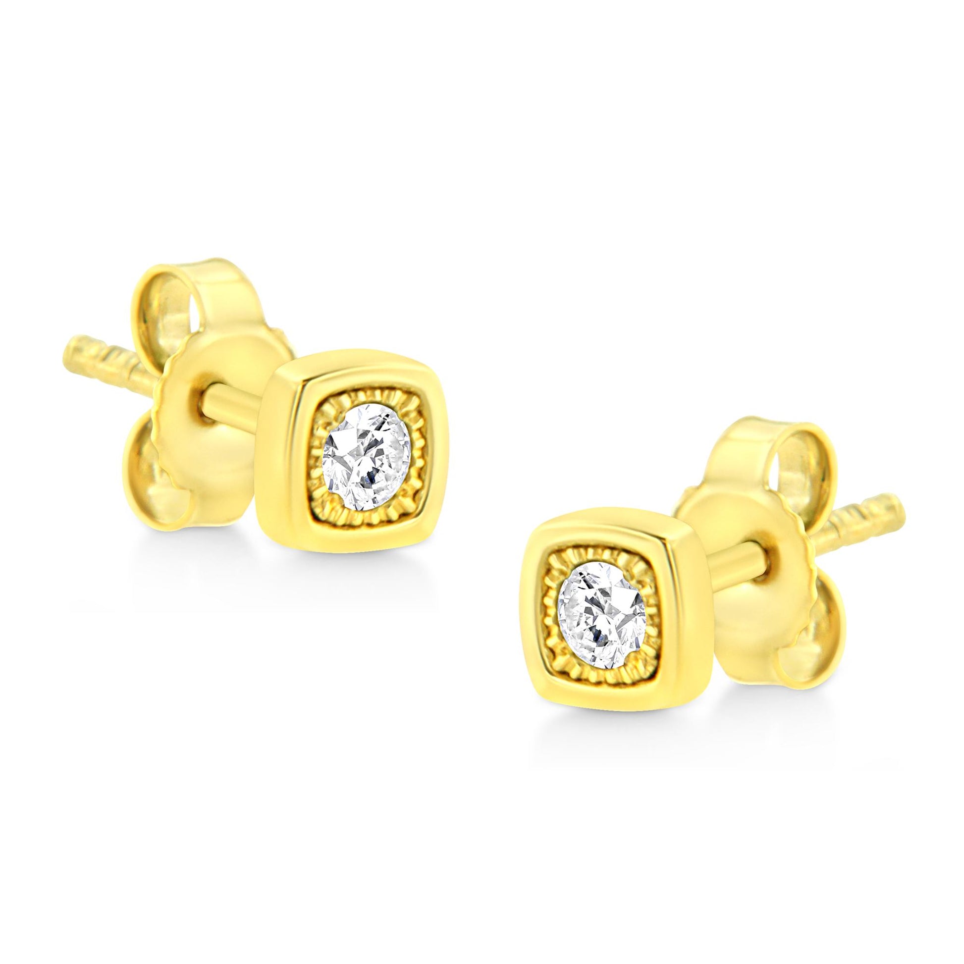 Pair of yellow metal stud earrings with square-shaped settings featuring round white gemstones in the center, shown from a slightly angled front view.