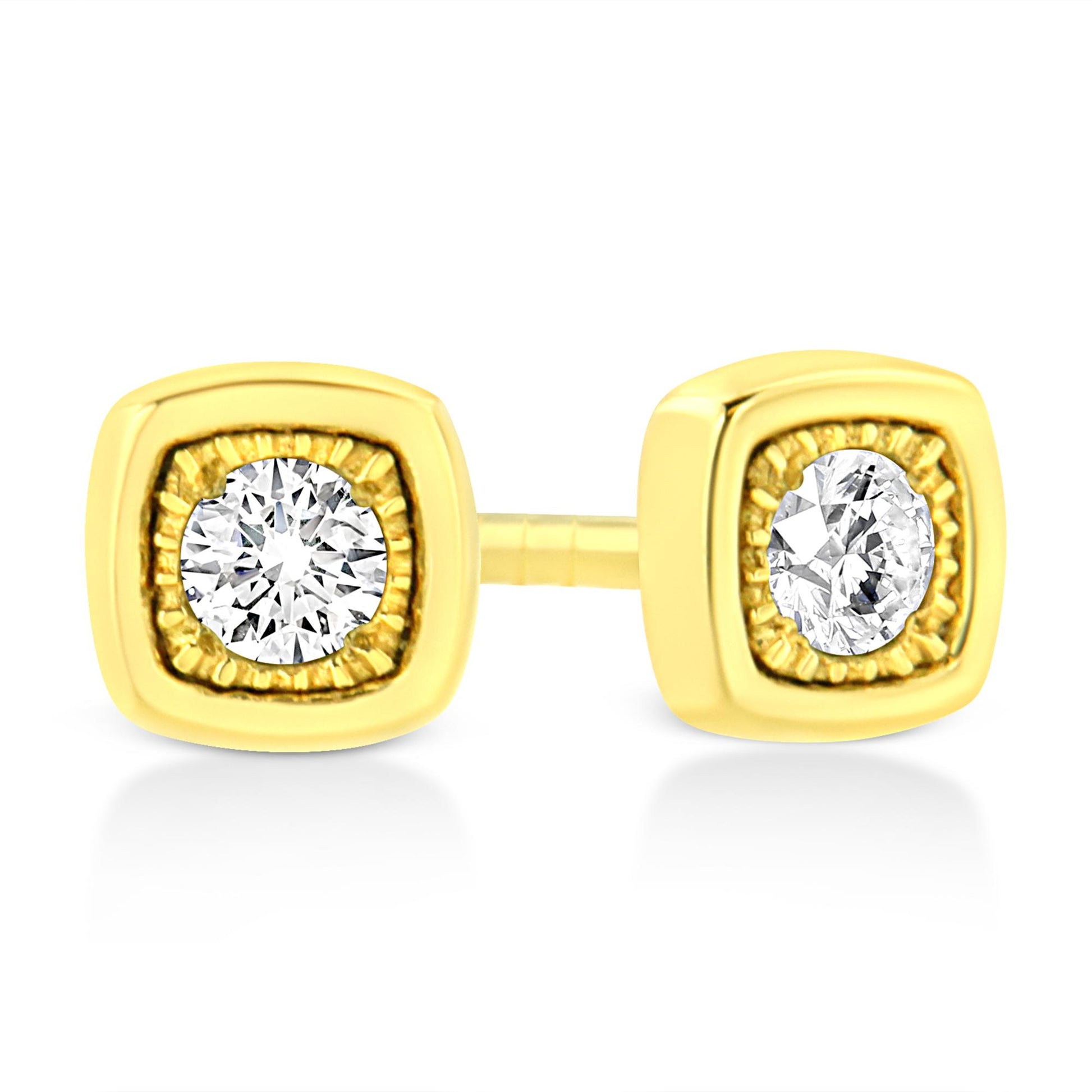 Close-up front angle of yellow metal stud earrings with round white gemstones in miracle setting and a square-shaped frame.