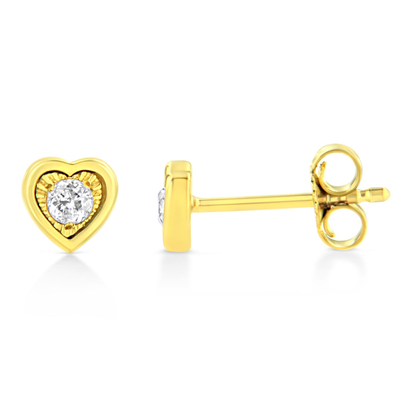 Close-up front and side view of yellow metal heart-shaped stud earrings with round white gemstones in the center.