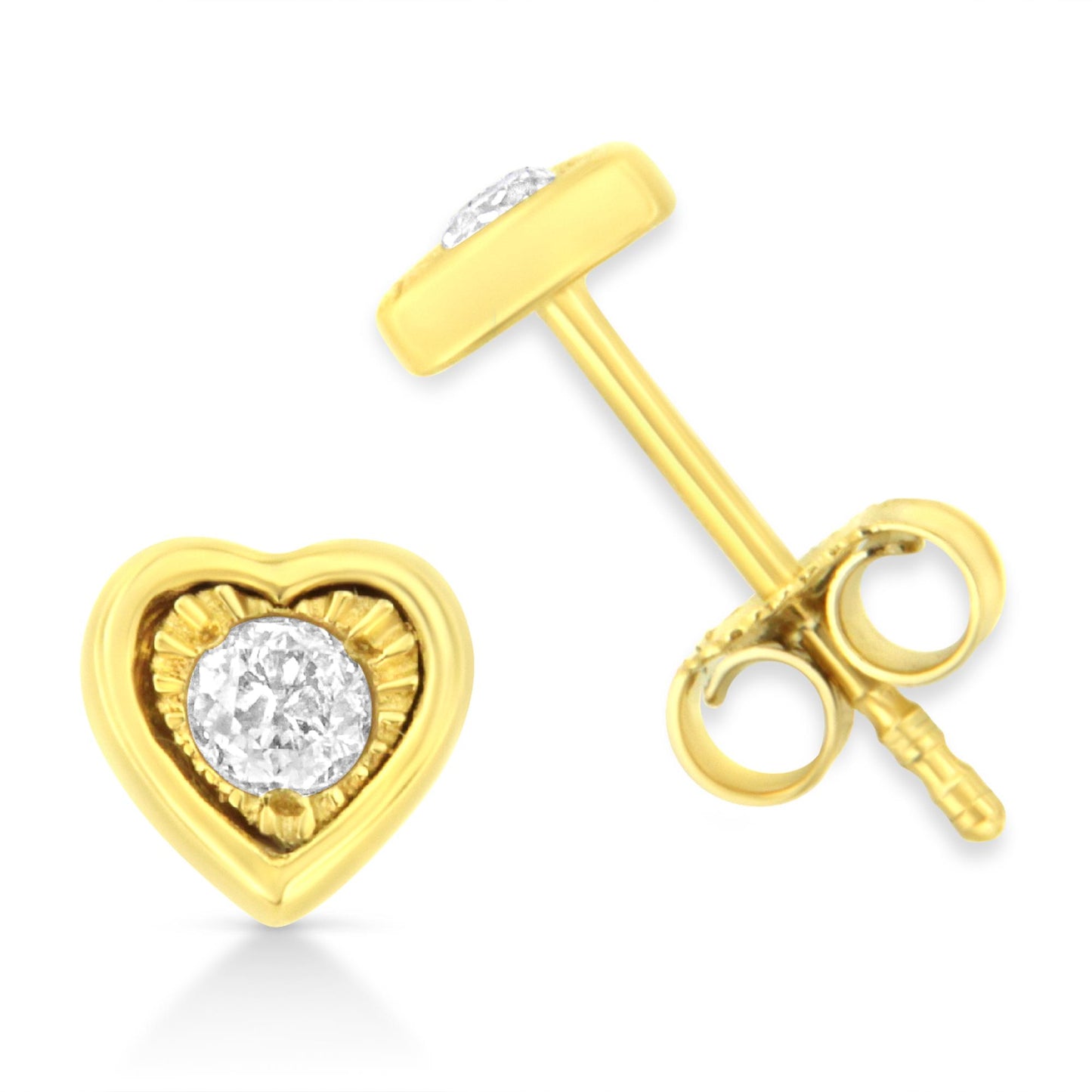 Close-up front and back view of yellow metal heart-shaped stud earrings with round brownish gemstone in miracle setting.
