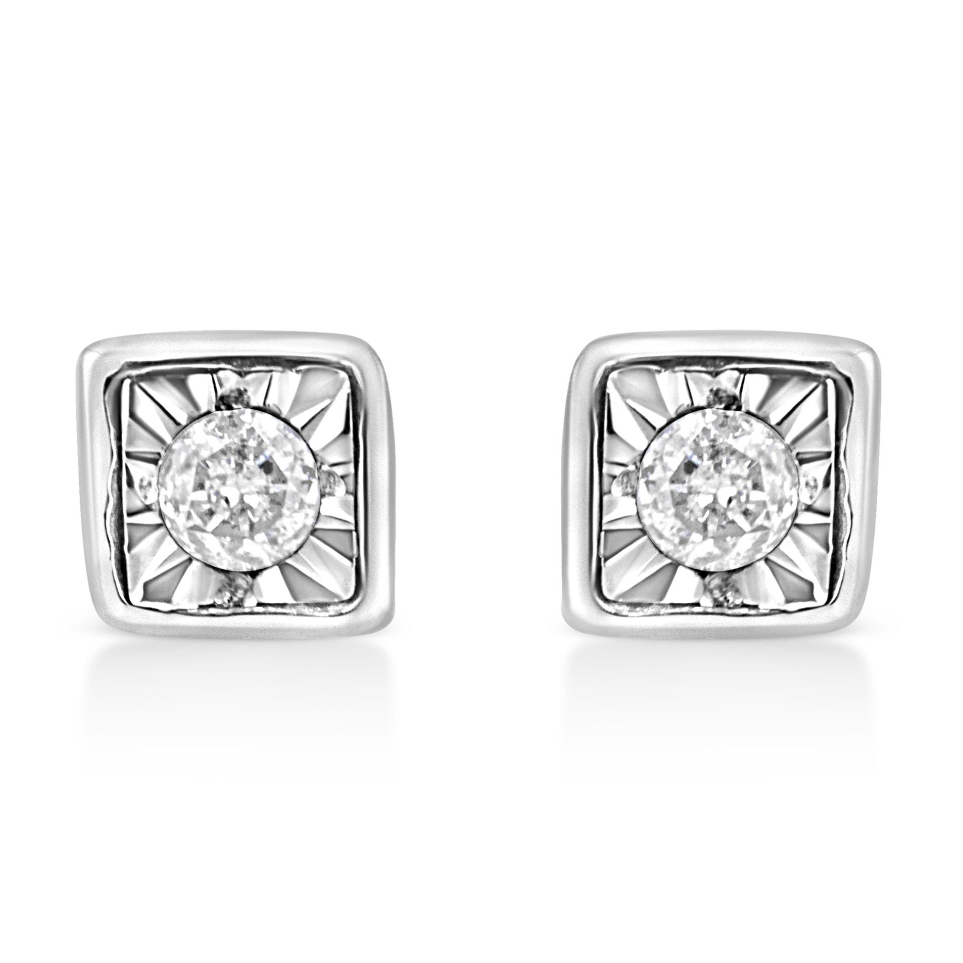 Front view of white metal square-shaped earrings featuring round white gemstones in miracle settings.
