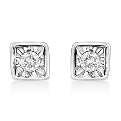Front view of white metal square-shaped earrings featuring round white gemstones in miracle settings.