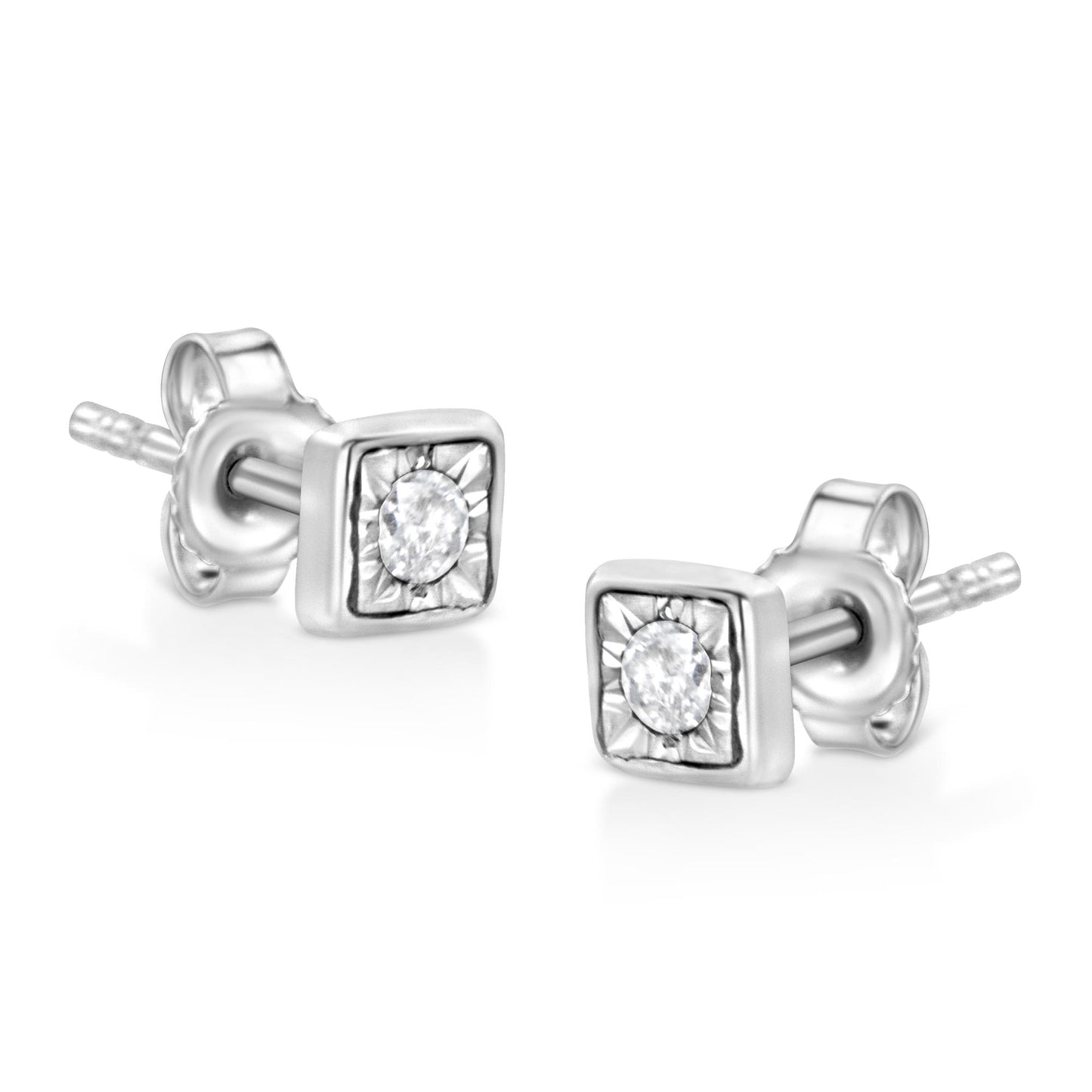 Pair of white metal stud earrings with square frames and round white gemstones set in the center, shown at an angled close-up.