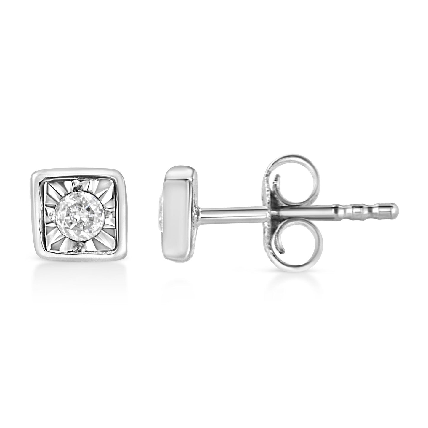 Front and side views of white metal square stud earrings with round white gemstones set in the center in miracle setting.
