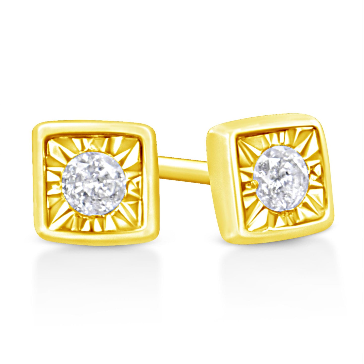 Close-up front angle of yellow metal square-shaped earrings each featuring a round white gemstone in a miracle setting.