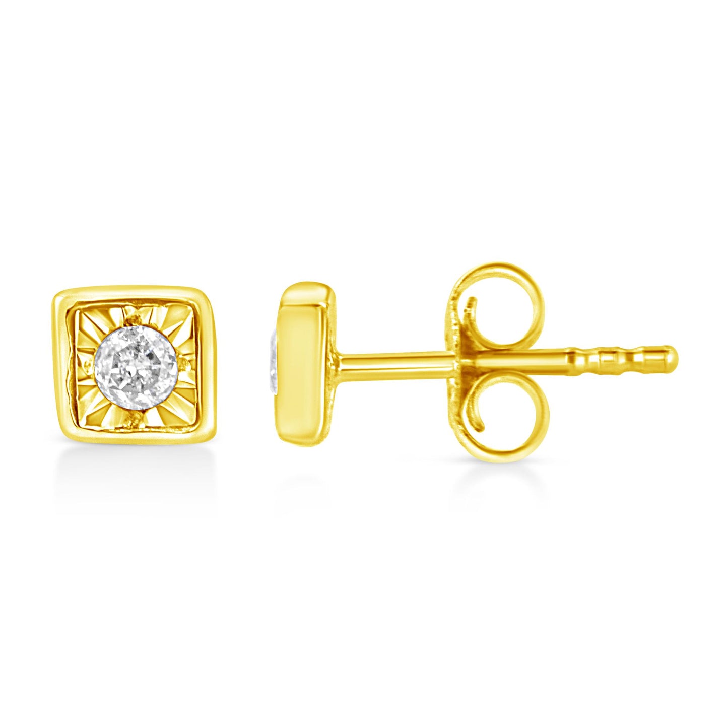 Close-up front and side view of yellow metal square stud earrings featuring a round brownish gemstone in a Miracle setting.