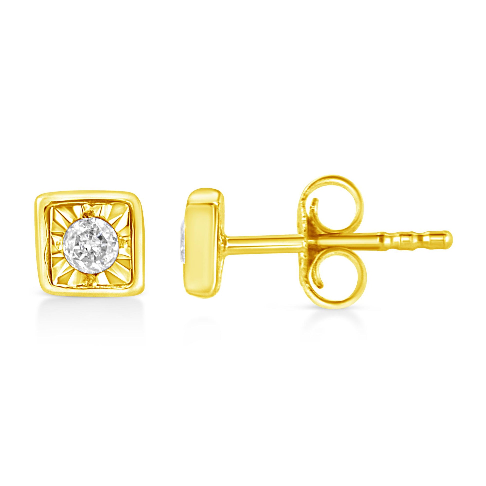 Close-up front and side view of yellow metal square stud earrings featuring a round brownish gemstone in a Miracle setting.
