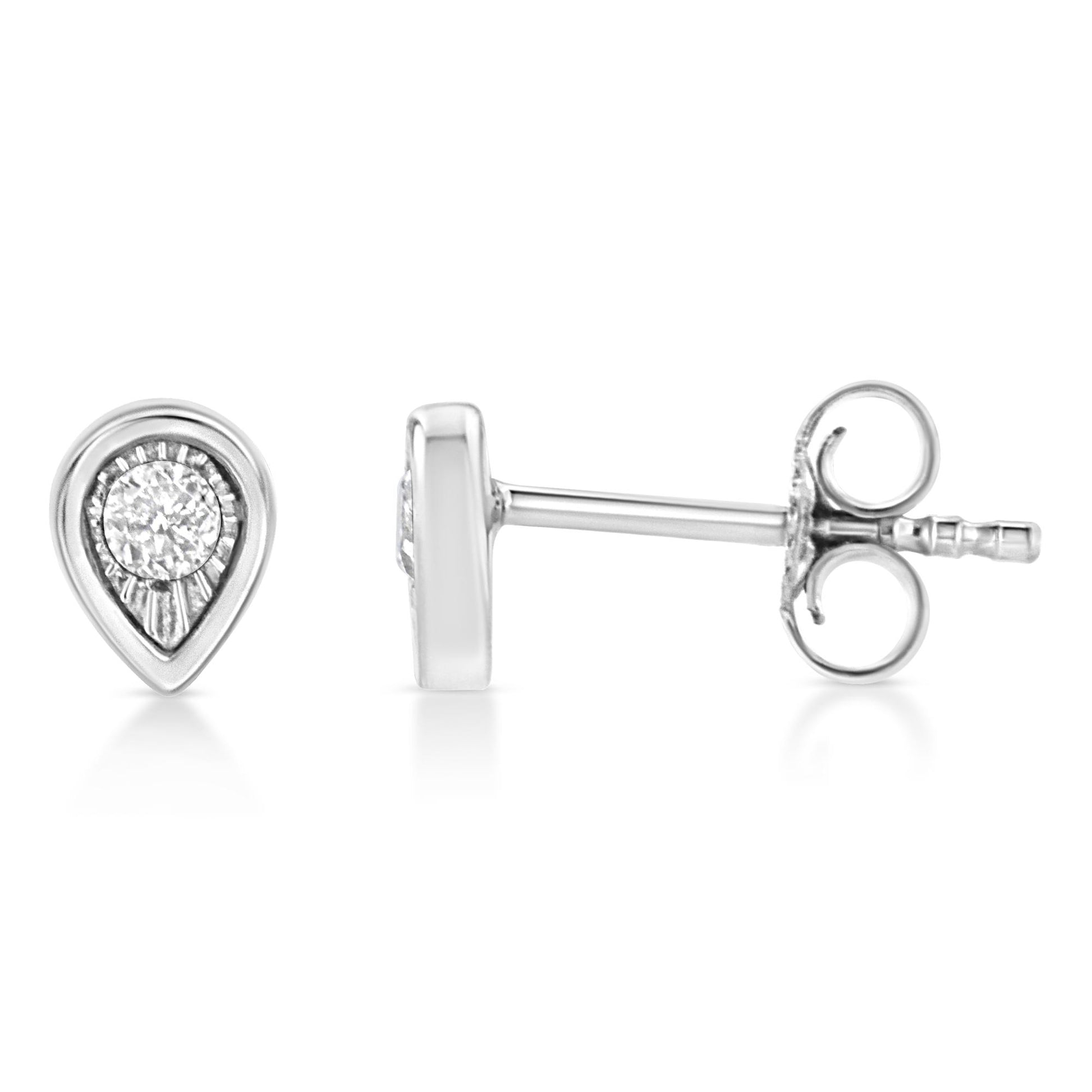 White metal teardrop-shaped stud earrings with a round white gemstone in miracle setting, side and front views on a white background.