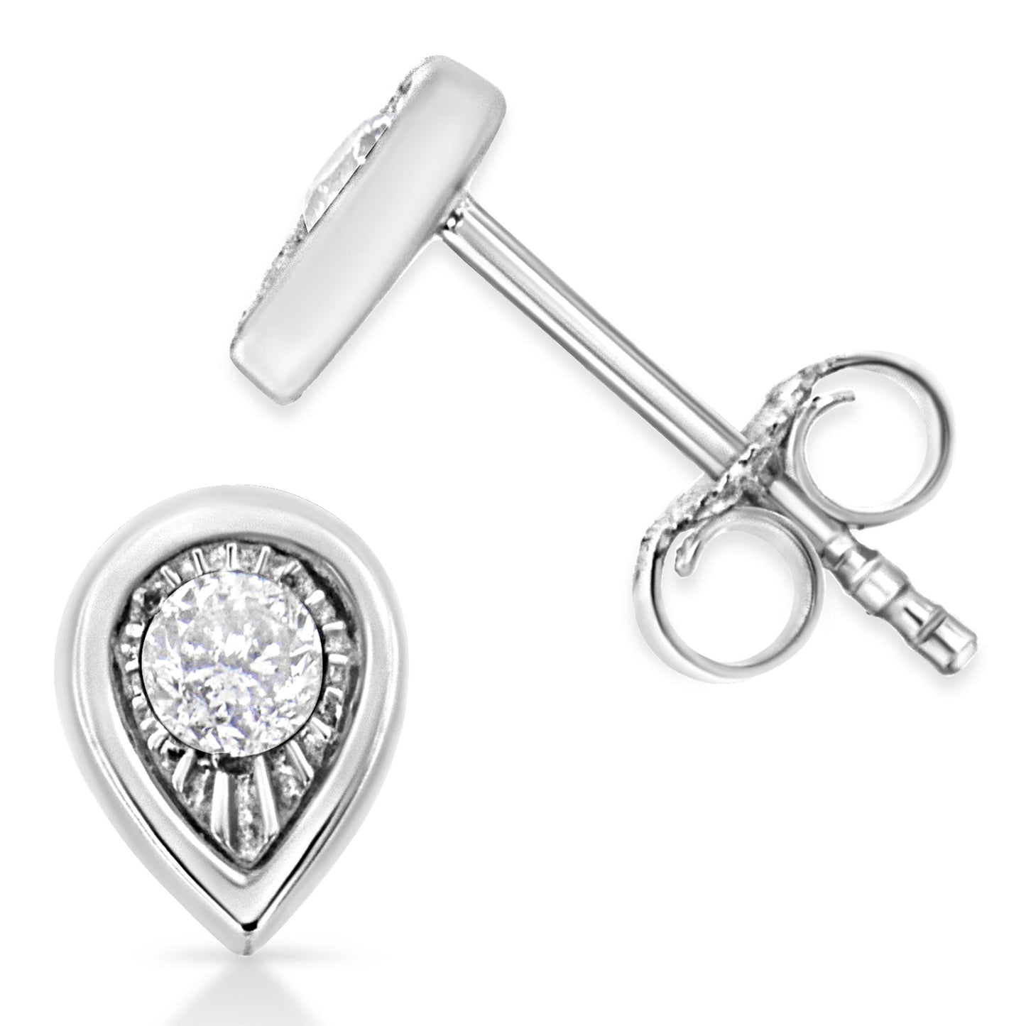 Close-up front and side view of white metal teardrop-shaped stud earrings with a round white gemstone in miracle setting.