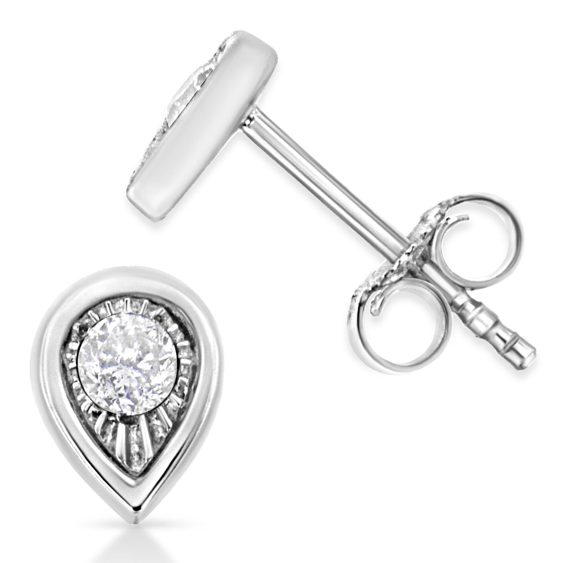 Close-up front and side view of white metal teardrop-shaped stud earrings with a round white gemstone in miracle setting.