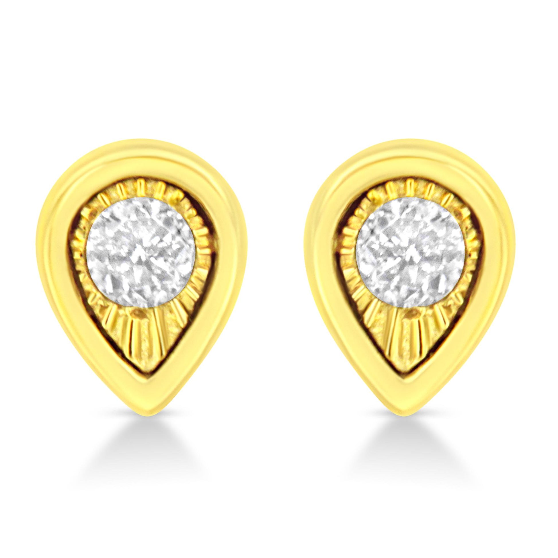 Front view of yellow metal teardrop-shaped earrings with round white gemstones set in a miracle setting.