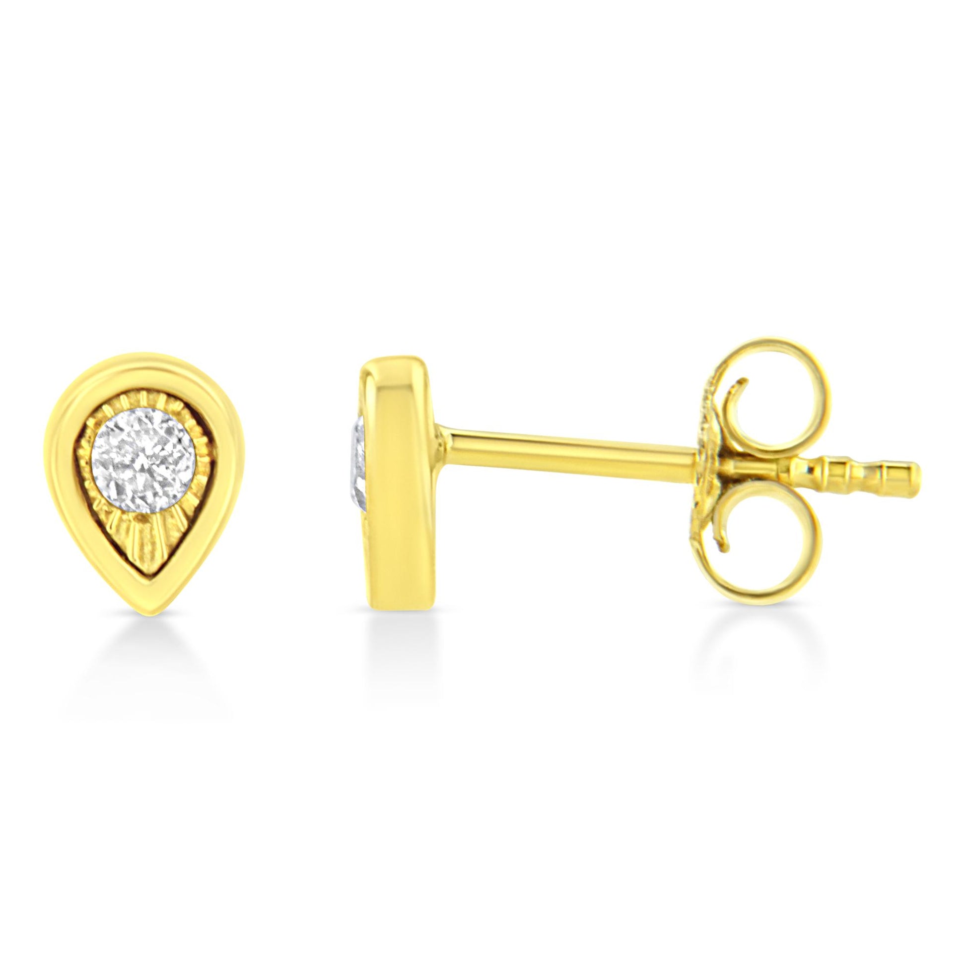 Pair of yellow metal teardrop-shaped stud earrings with round white gemstones in miracle setting, shown from front and side angles.