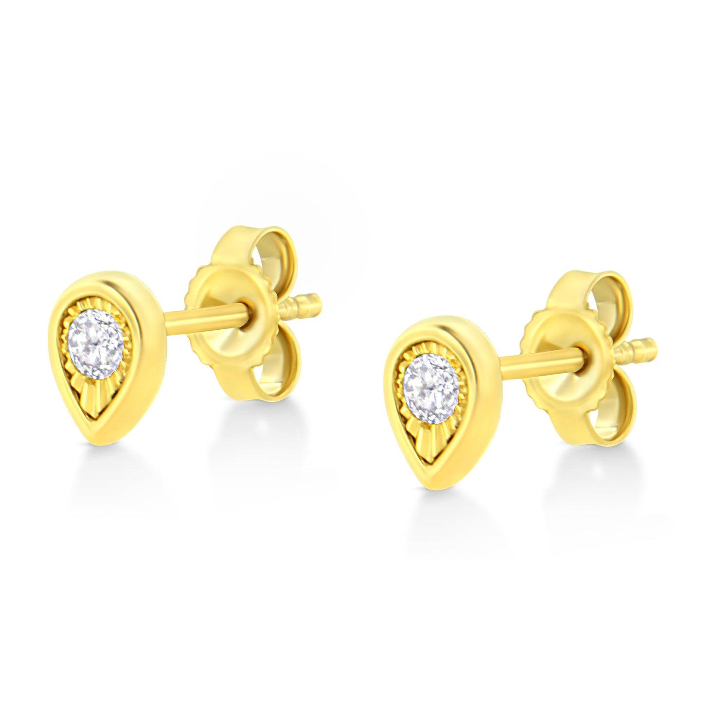 Pair of yellow metal pear-shaped stud earrings with round brownish gemstones in miracle setting, shown at a slight angle.