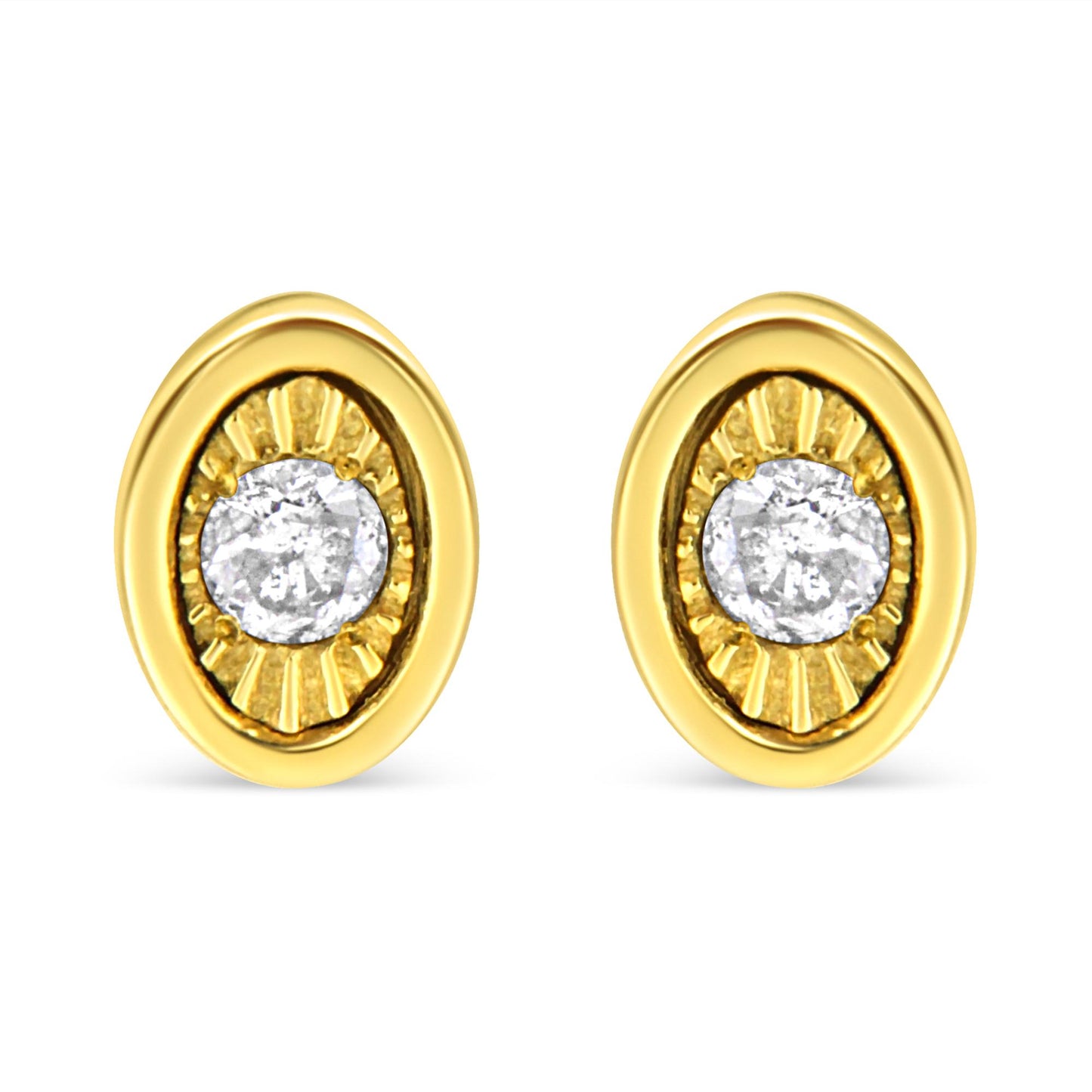 Front view of yellow metal oval earrings, each set with a round white gemstone in miracle setting.