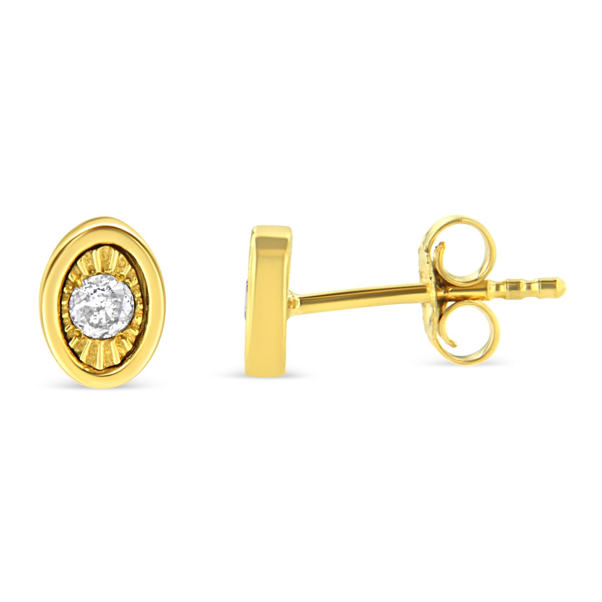 Pair of yellow metal stud earrings with round white gemstone in miracle setting, shown from front and side angles.