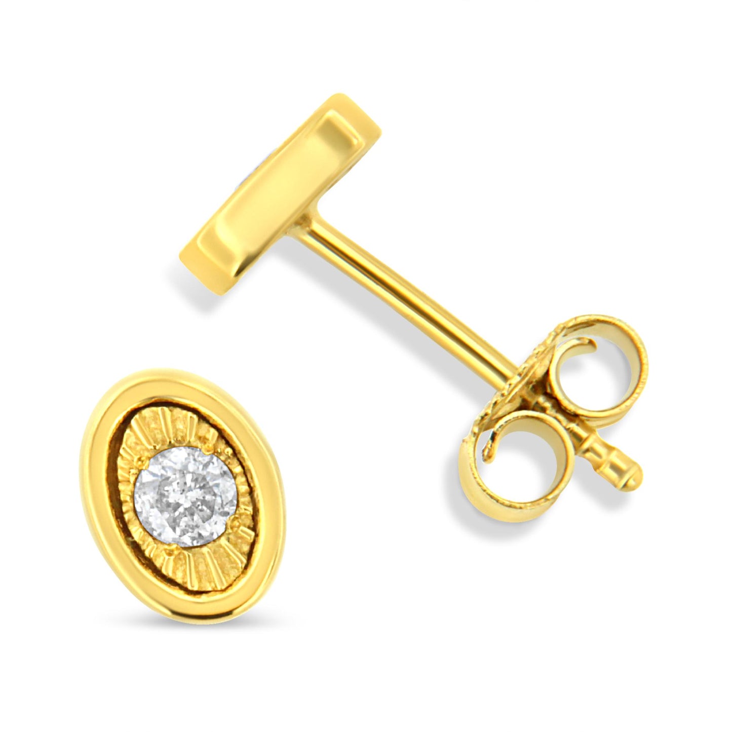 Pair of yellow metal round stud earrings with a single white gemstone in the center, one earring shown from the front and the other from the back, angled view.