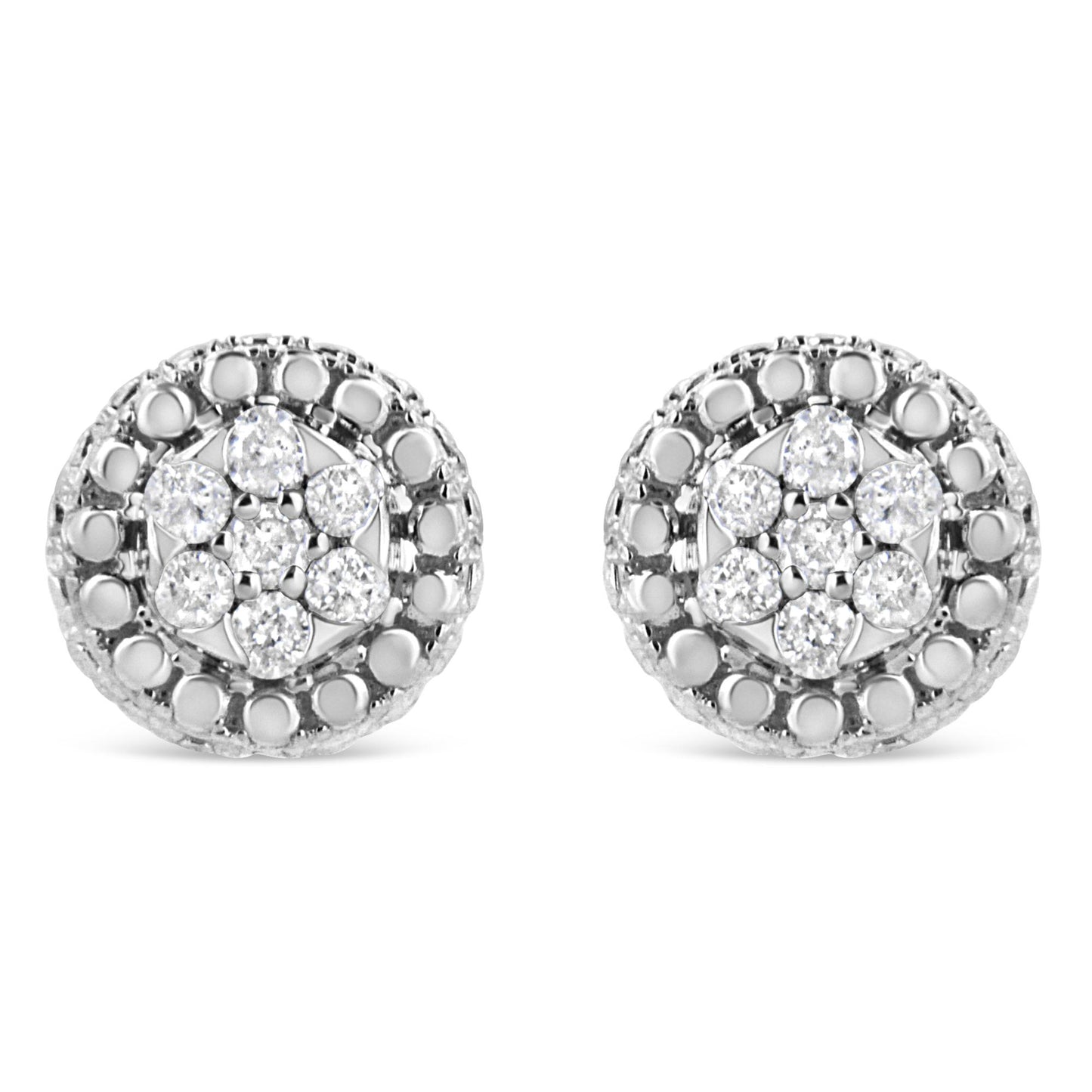 Front view of white metal round stud earrings with a cluster of white gemstones in a pave setting.