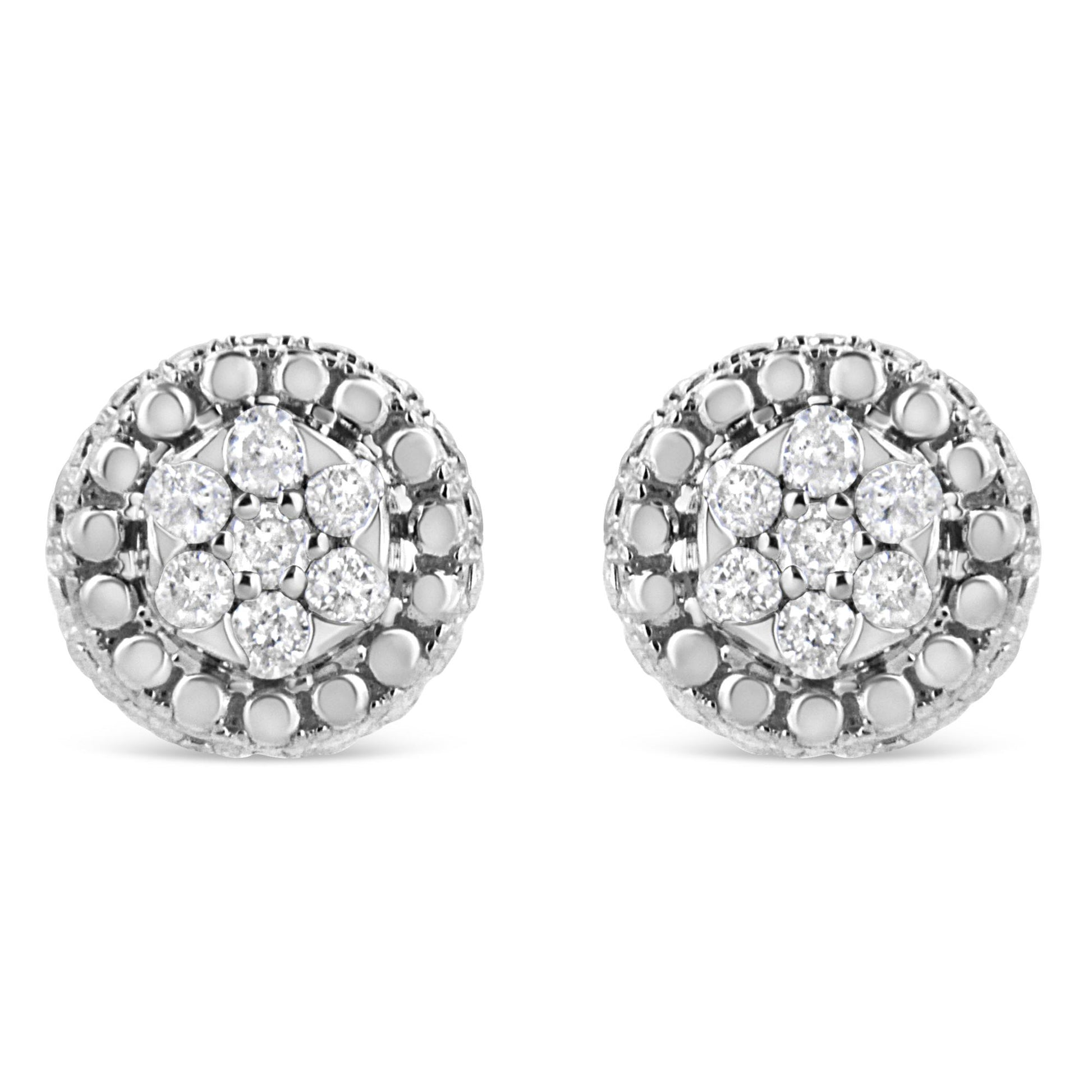 Front view of white metal round stud earrings with a cluster of white gemstones in a pave setting.