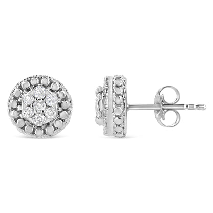 White metal round stud earrings with pave set white gemstones in a circular design, shown from front and side angles.