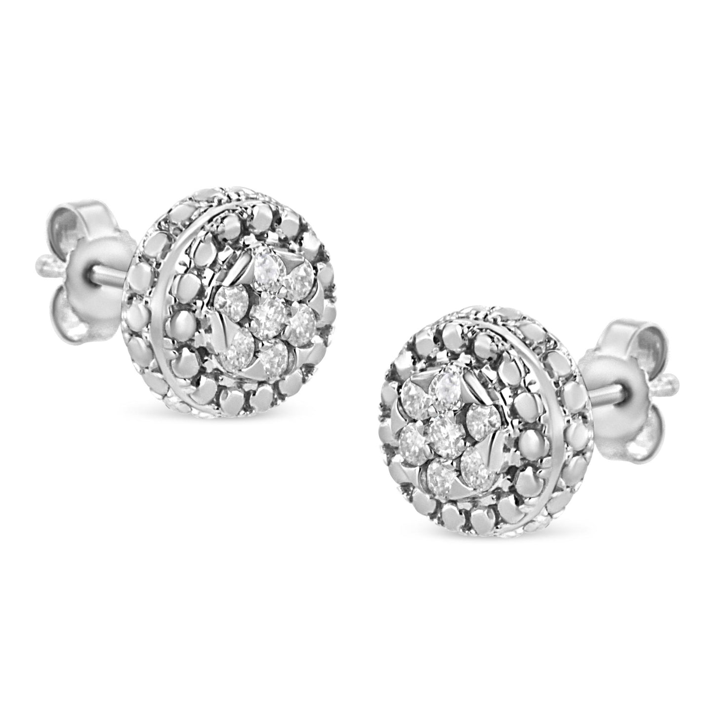 Pair of white metal round stud earrings with pave-set white round gemstones, shown in a side angle view.