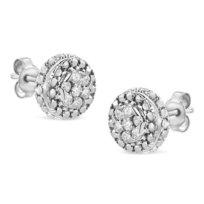Pair of white metal round stud earrings with pave-set white round gemstones, shown in a side angle view.