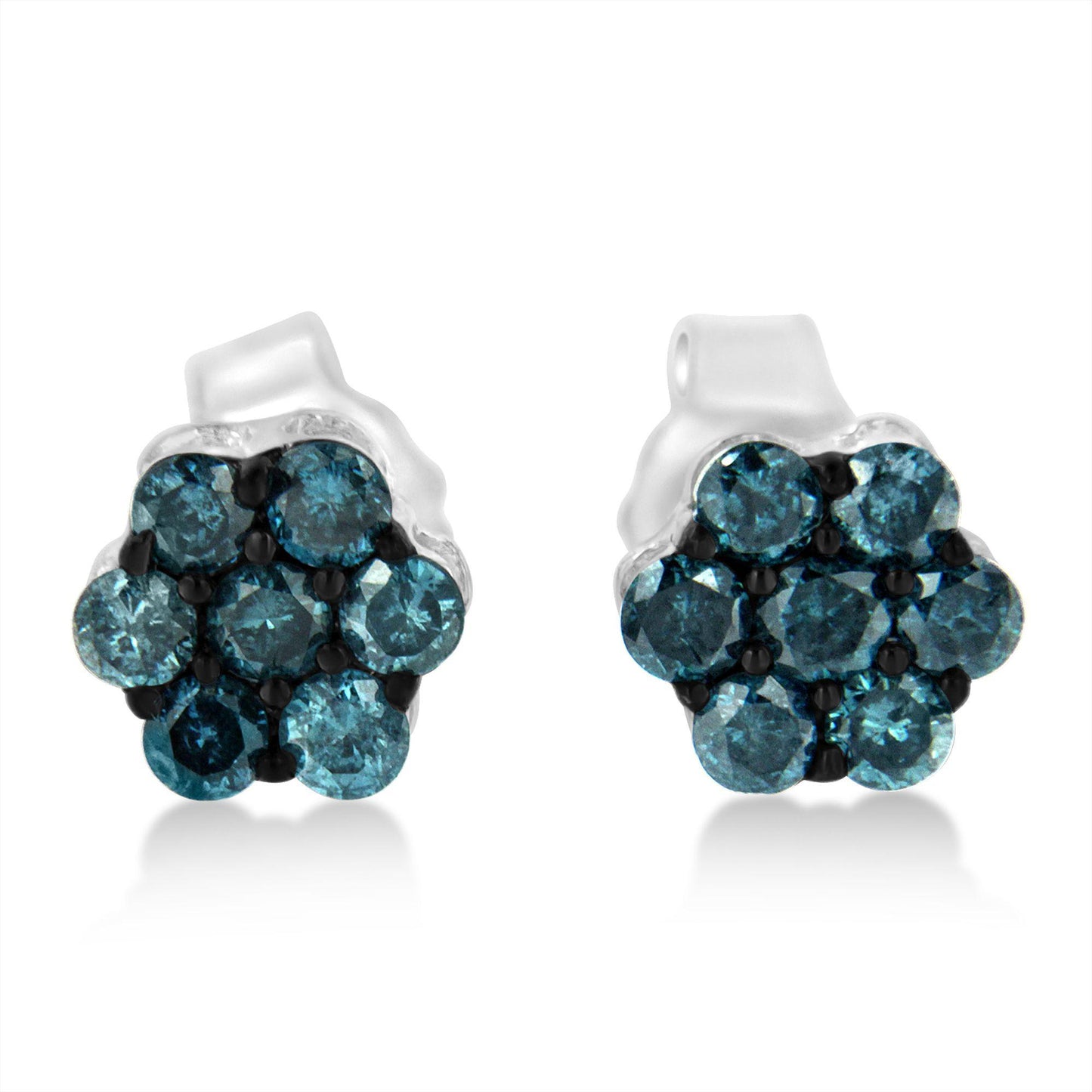 Front-facing close-up of white metal earrings with round blue gemstones in a cluster design.