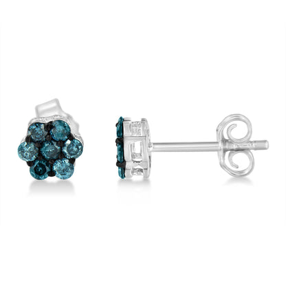 Pair of white metal stud earrings with round blue gemstones in prong settings, shown from front and side angles.