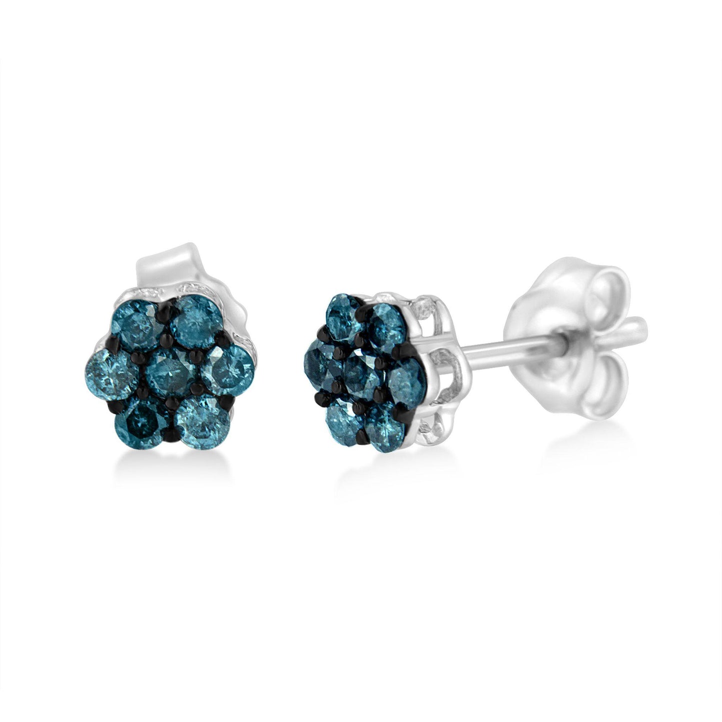Pair of white metal stud earrings with round blue gemstones in prong setting, shown from a front and side angle on a white background.