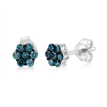 Pair of white metal stud earrings with round blue gemstones in prong setting, shown from a front and side angle on a white background.