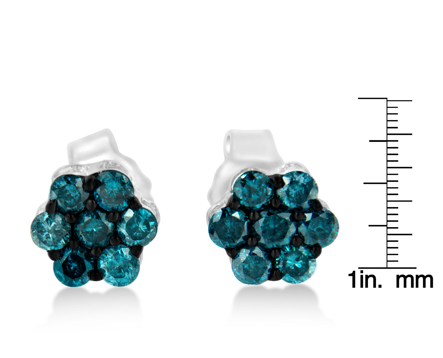 Pair of white metal stud earrings with round blue gemstones in prong settings, shown from front on a white background with a ruler for size reference.