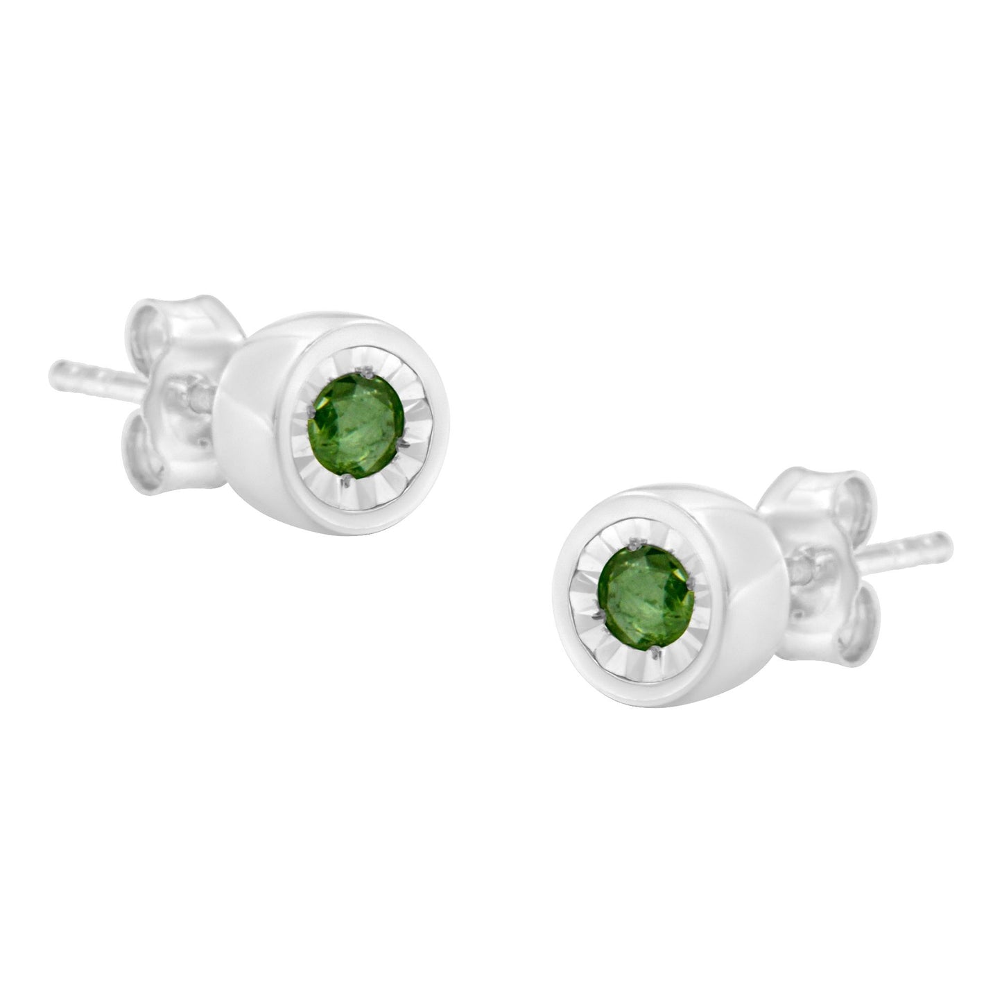 Close-up angled view of white metal stud earrings each featuring a round green gemstone in a miracle setting.