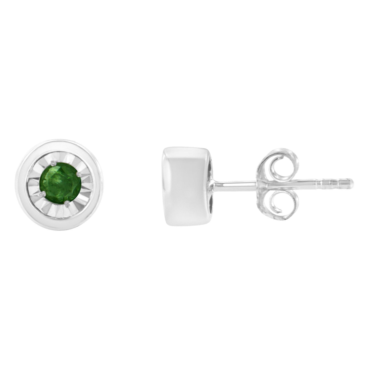 Front and side view of white metal stud earrings with round green gemstones in miracle setting.