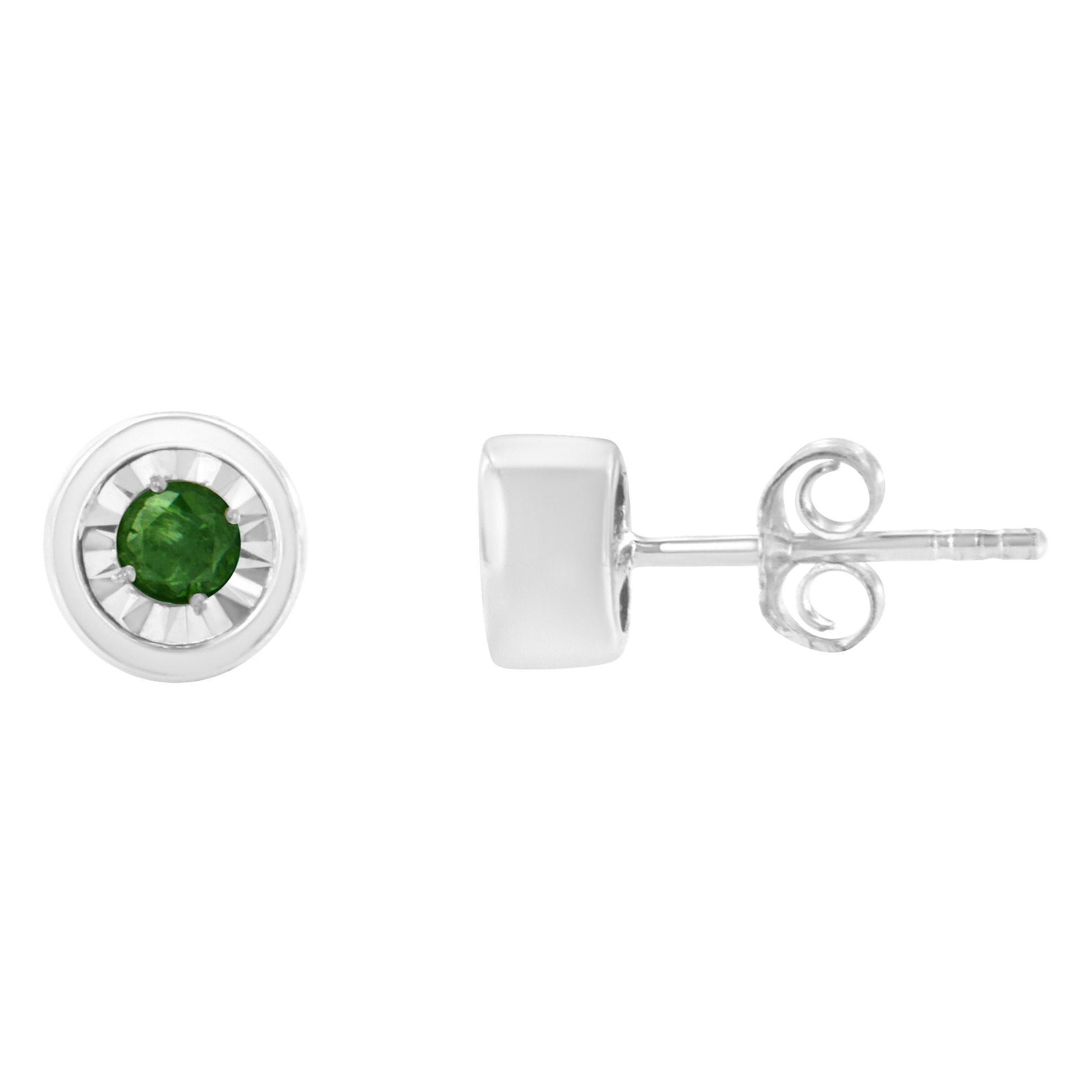 Front and side view of white metal stud earrings with round green gemstones in miracle setting.
