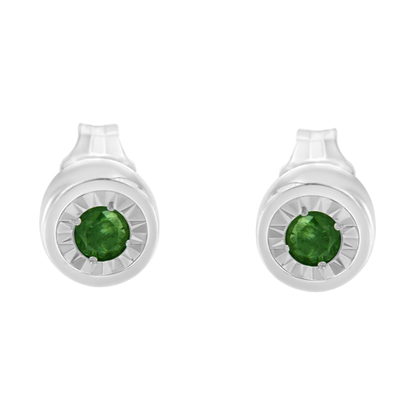 Front-facing shot of white metal round earrings featuring a central green gemstone in a miracle setting.