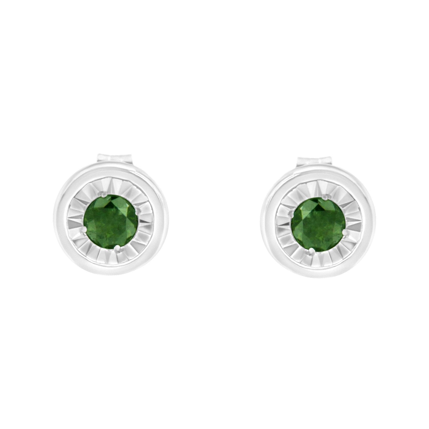 Front view of white metal stud earrings with round green gemstones in a miracle setting.