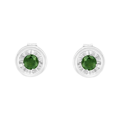 Front view of white metal stud earrings with round green gemstones in a miracle setting.