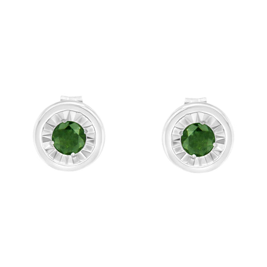 Front view of white metal stud earrings with round green gemstones in a miracle setting.