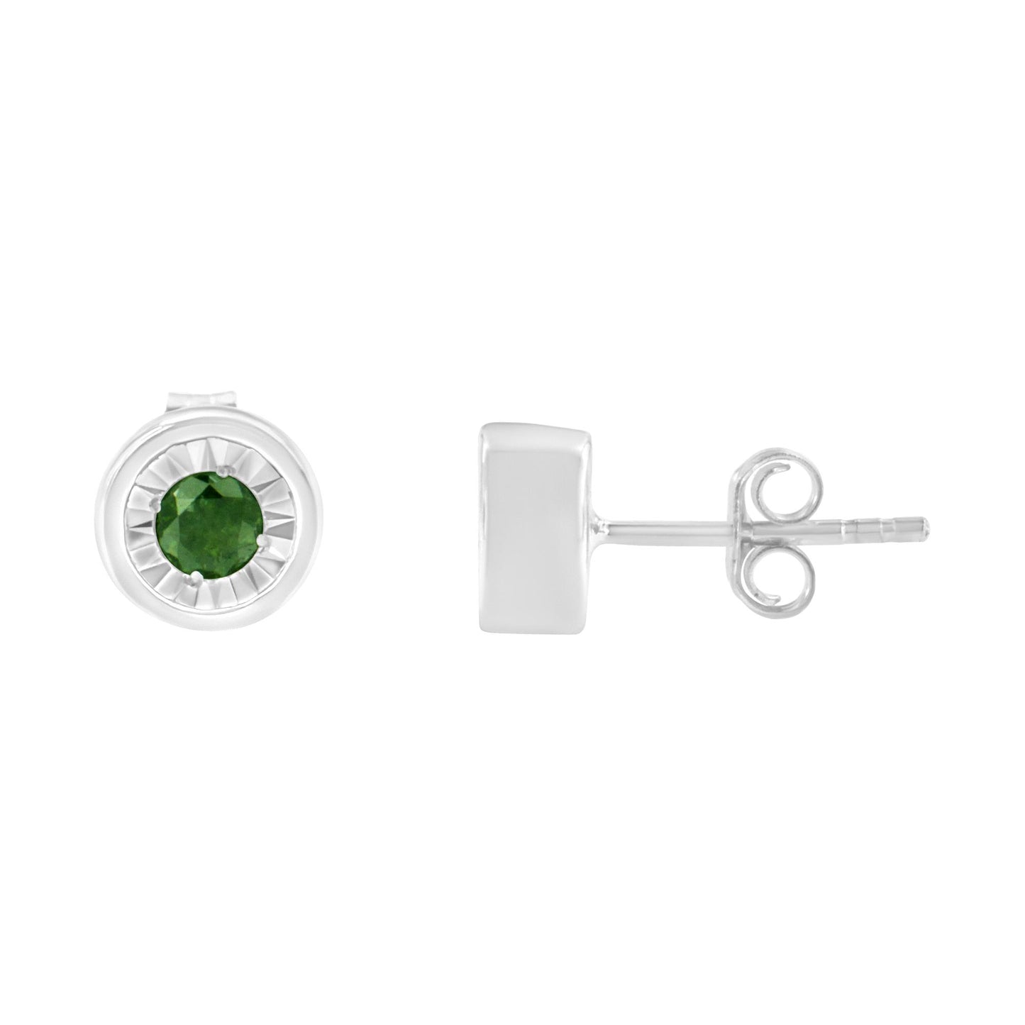 Front and side angles of a pair of white metal stud earrings featuring round green gemstones in miracle settings.