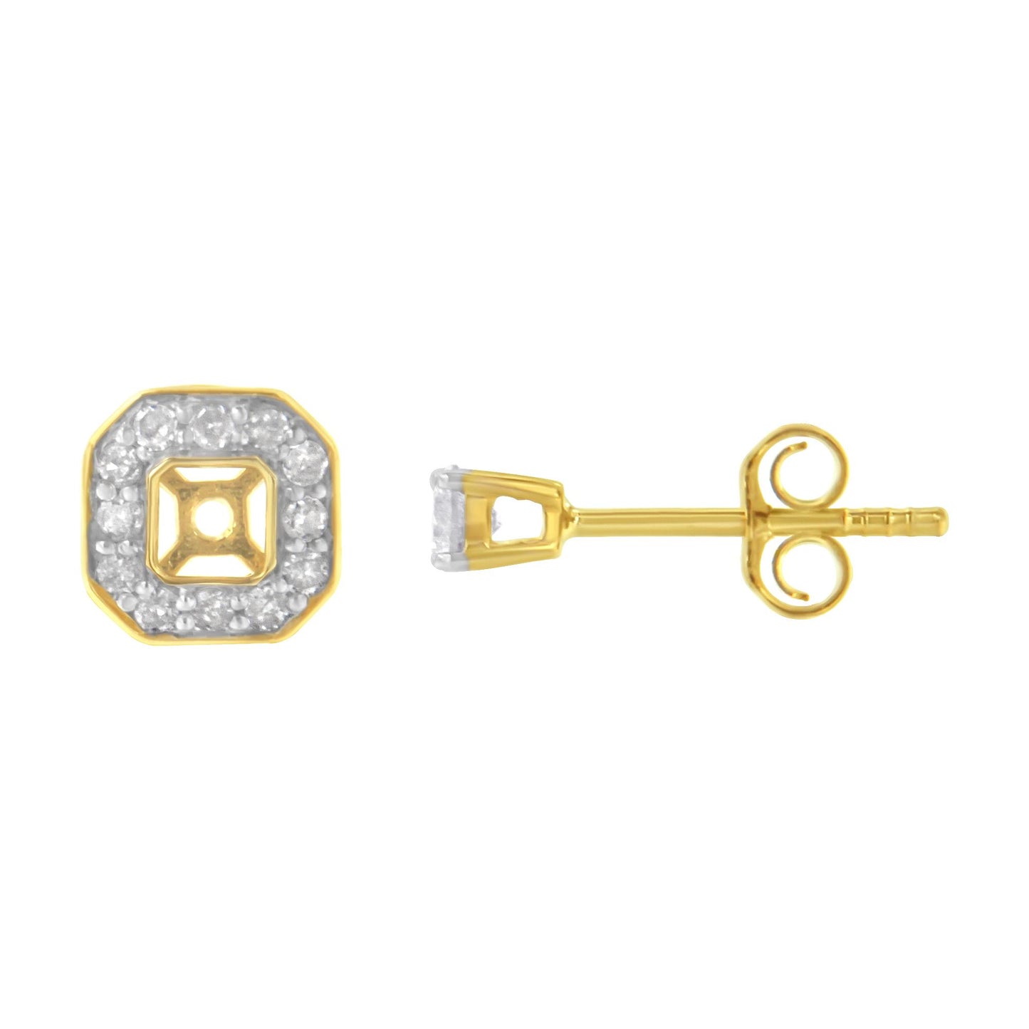 Front and side view of yellow metal stud earrings with round white gemstones, two prong-set and multiple pave-set, arranged in a square shape.