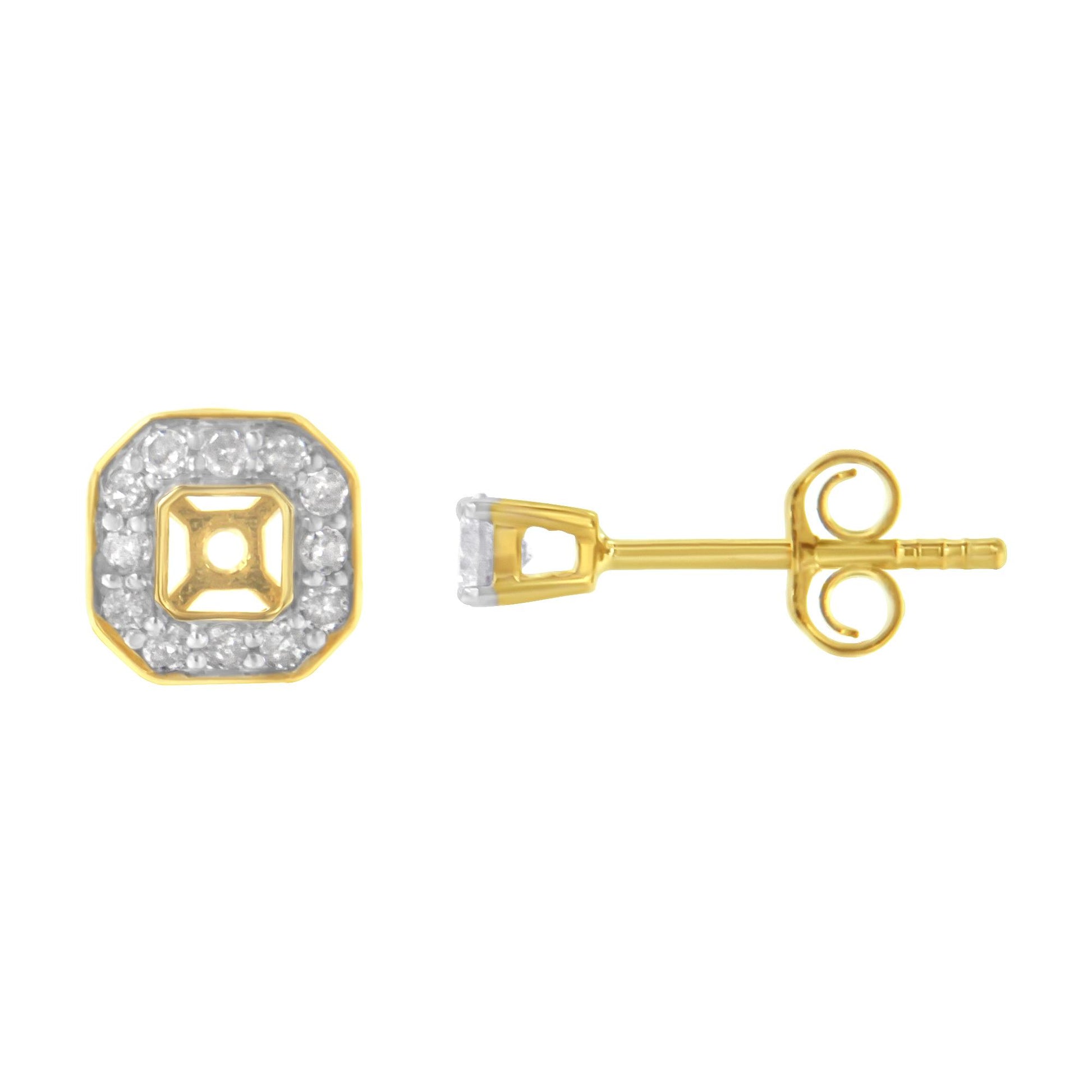 Front and side view of yellow metal stud earrings with round white gemstones, two prong-set and multiple pave-set, arranged in a square shape.