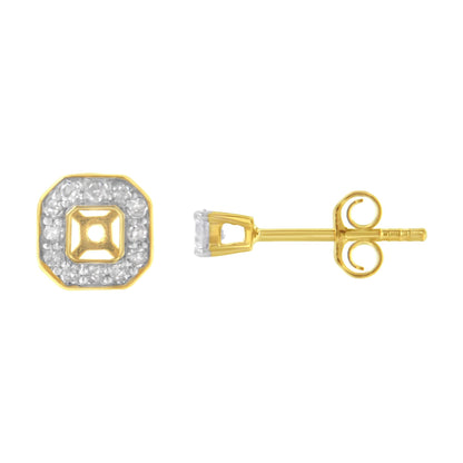 Front and side view of yellow metal stud earrings with round white gemstones, two prong-set and multiple pave-set, arranged in a square shape.