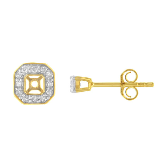 Front and side view of yellow metal stud earrings with round white gemstones, two prong-set and multiple pave-set, arranged in a square shape.