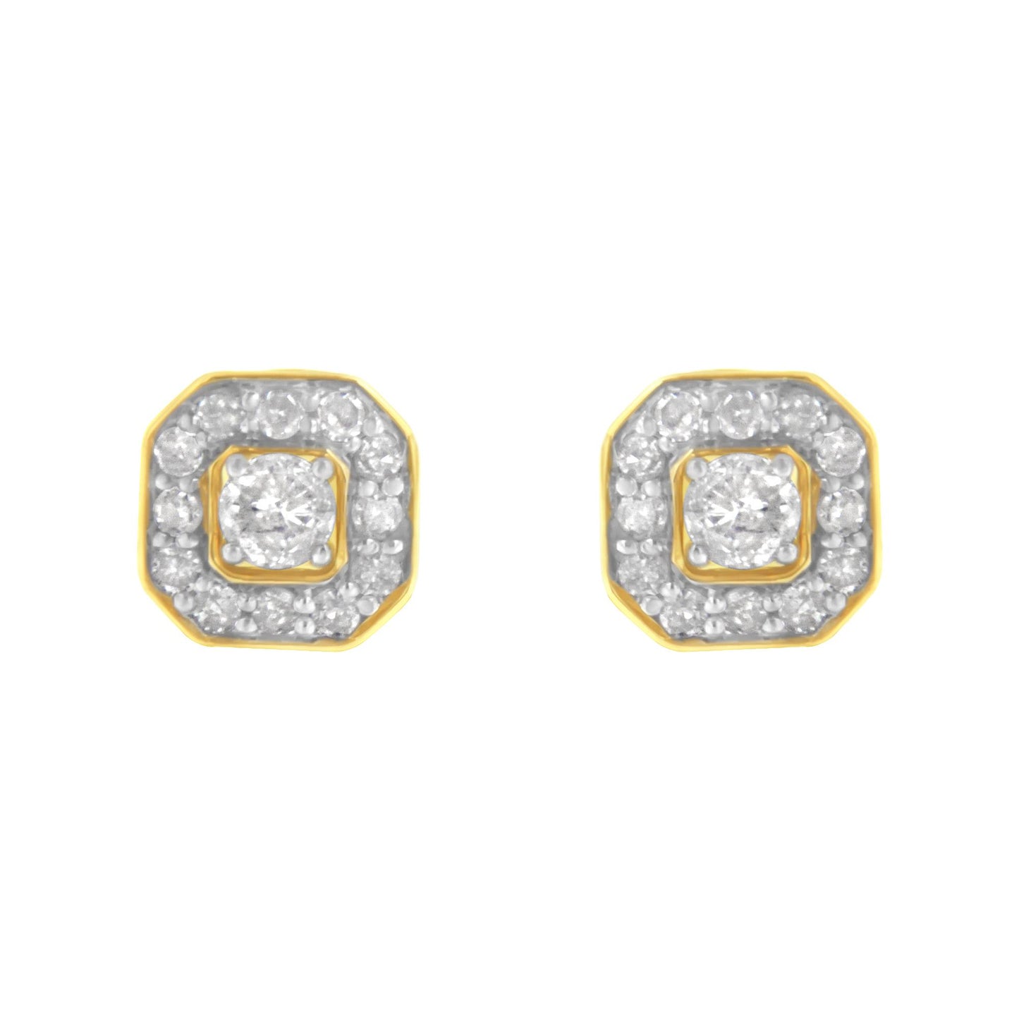 Front view of yellow metal earrings with a central round white gemstone in prong setting surrounded by smaller round white gemstones in pave setting.